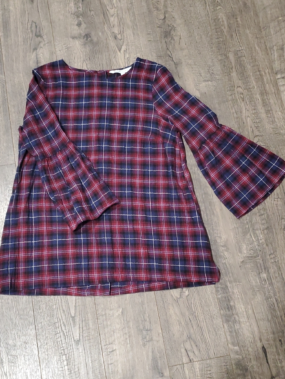 The Nines by HATCH Burgundy and Navy Plaid Bell Sleeve Tunic Top